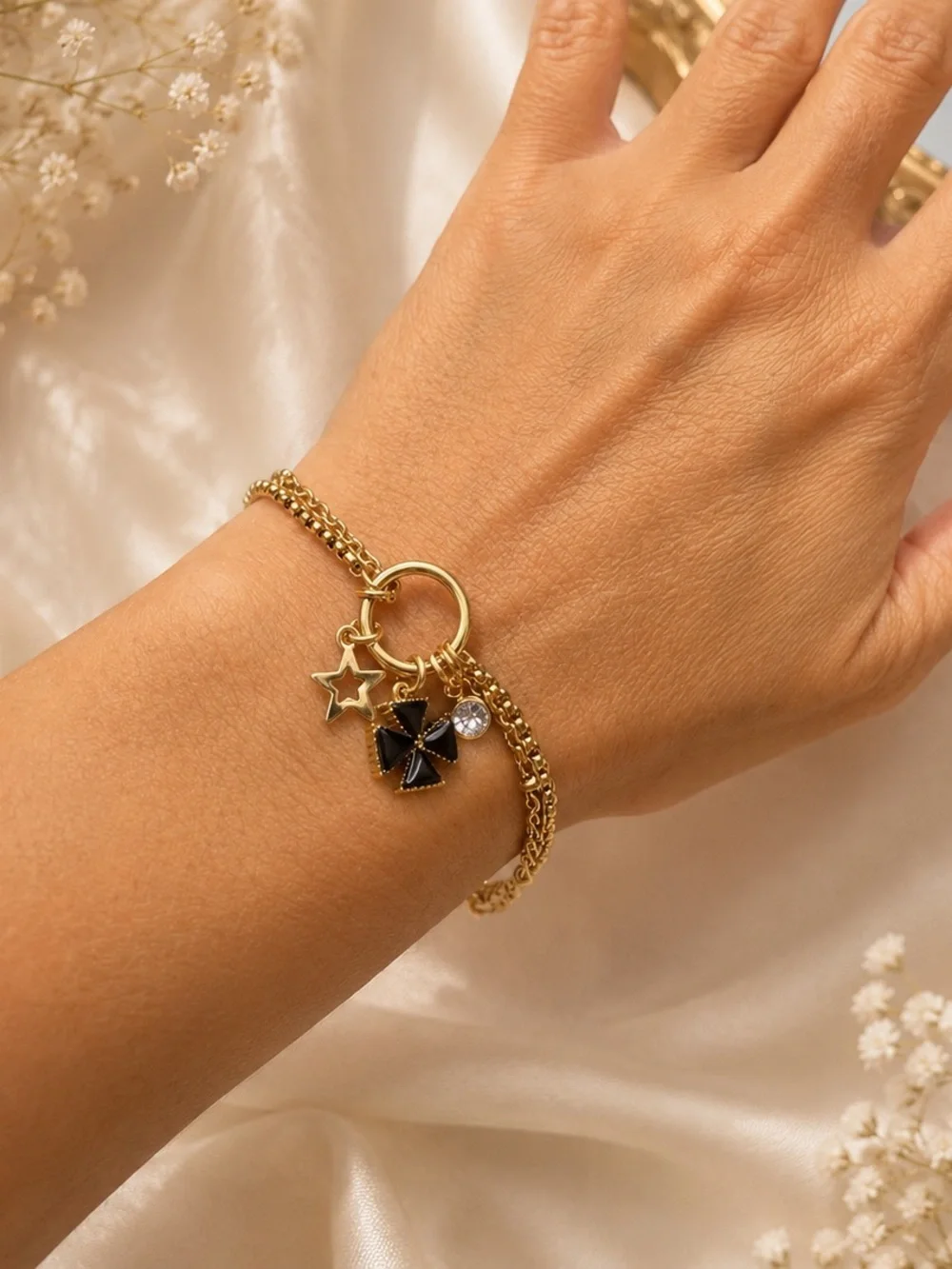Gold Bracelet with Black  Black Clover Charm - Women Jewelry